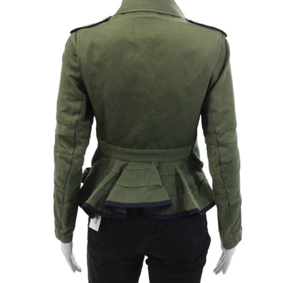 Sacai Khaki Green Utility Moto Biker Jacket Belted Black Accents SZ 2 - Picture 2 of 8